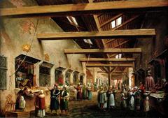 Interior view of Kramy Bogate around 1800, rich colorful stalls inside historic marketplace