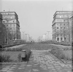 Roses Avenue in Nowa Huta Kraków Poland in 1970 with trees lining the street and vintage cars