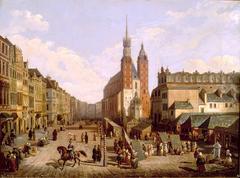 Market Square in Cracow in 1836 showing St. Mary's Church and the Cloth Hall with Syndykówka and Oszacki house with stalls