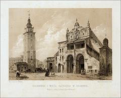 Old market hall and town hall tower in Krakow, historic drawing and lithograph from 1860-1865