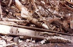 Aerial photograph of the aftermath of the PSA Flight 182 crash site in San Diego, showing debris scattered in residential area