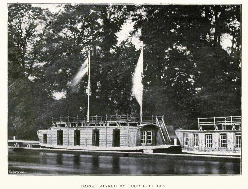 Historic rowing barge on the River Thames at Christchurch Meadow, Oxford used by multiple college rowing crews
