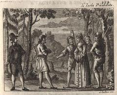 Engraving depicting a scene from La Isla Desabitada opera by Carlo Goldoni with music by Giuseppe Scarlatti