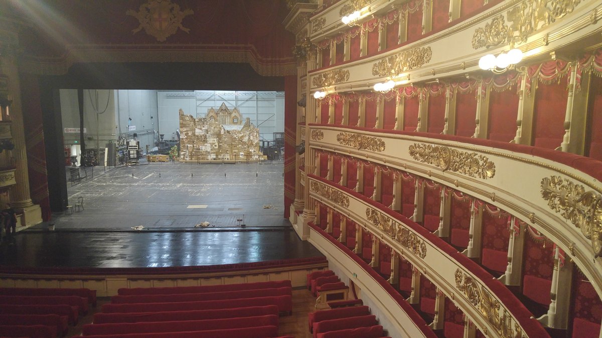 Interior view of La Scala opera house hall with stage and lodges