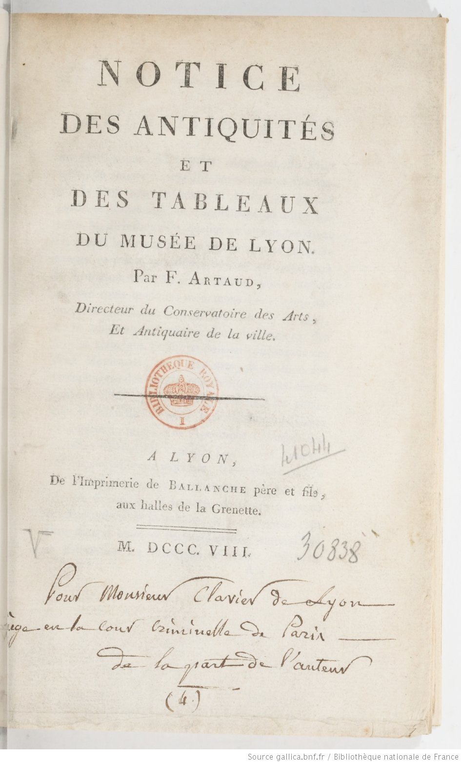 Cover of the Notice des Antiquités et des Tableaux du Musée de Lyon by François Artaud, 1808
