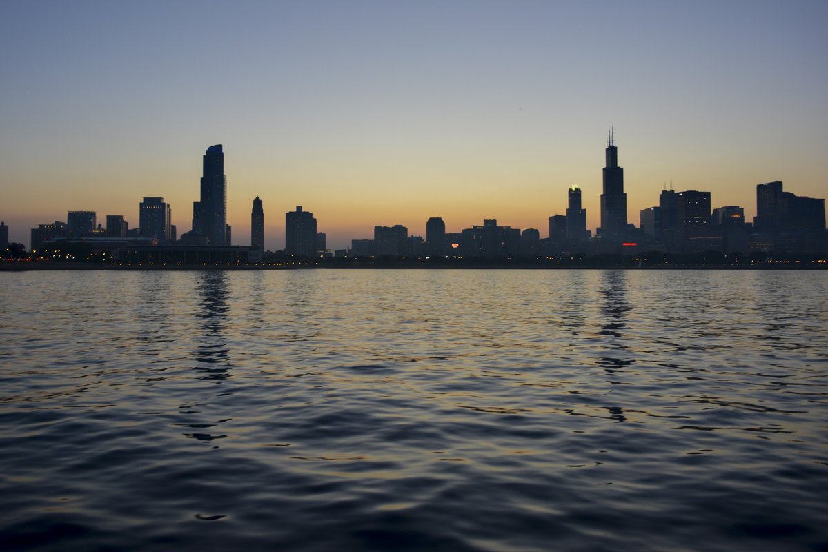 Chicago skyline viewed from Michigan Lake with cloudy sky