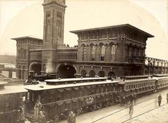 Lincoln Funeral Train at Pennsylvania Railroad Depot in Harrisburg, Pennsylvania, 1865 with mourners and flags on the carriage containing Abraham Lincoln and his son Willie
