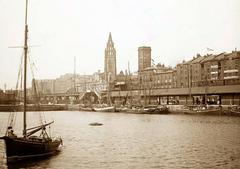 Vintage postcard view north over George's Dock with Liverpool Overhead Railway and St Nicholas Church in 1897