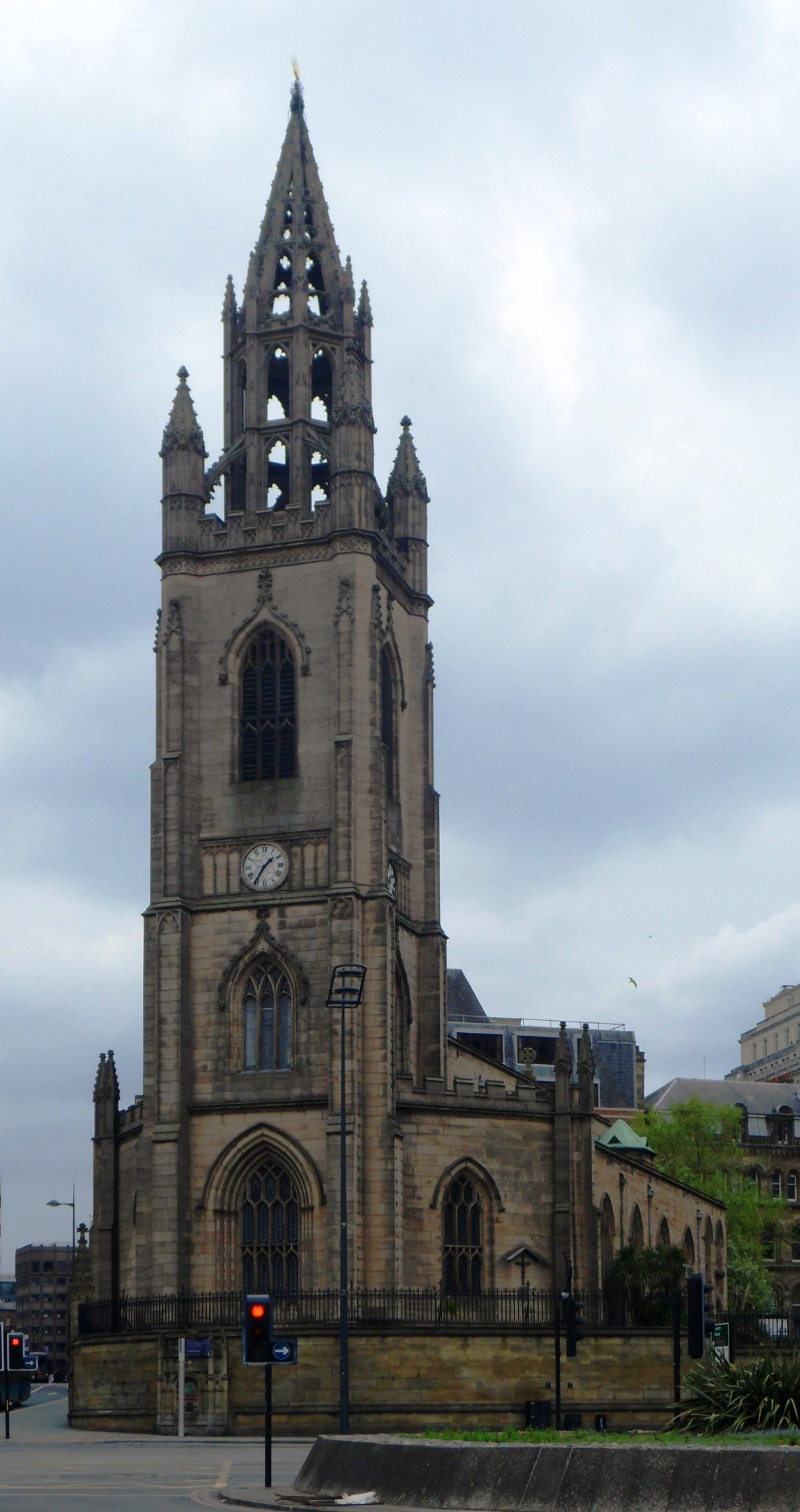 Exterior view of Church of Our Lady and St Nicholas, a listed building in Liverpool with Gothic architecture and stained glass windows