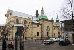 Exterior view of Carmelite Church in Piasek, Kraków with blue sky