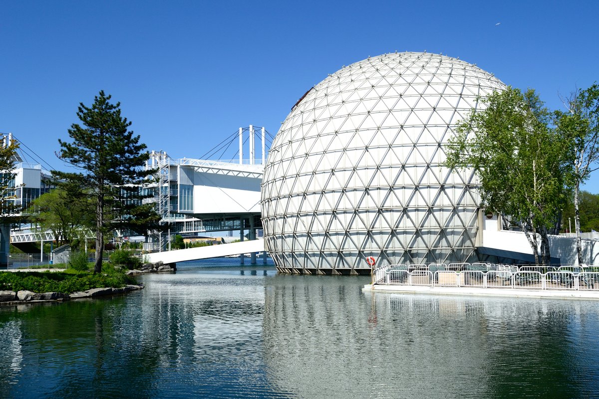 Ontario Place Cinesphere spherical IMAX theater at dusk with illuminated facade
