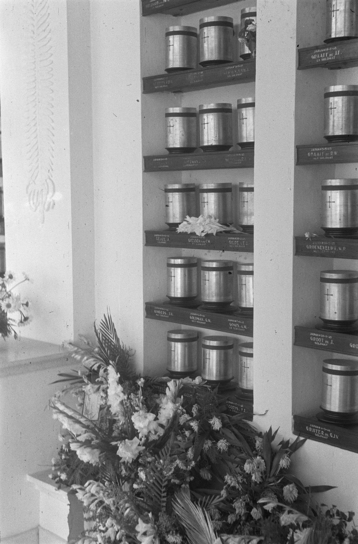 Black and white photograph of the Columbarium at the Menteng Poeloeh cemetery in Batavia, Java, Indonesia, taken in September 1949