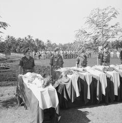 Massive reburial ceremony of 21 war victims at Ereveld Menteng Poeloeh cemetery in Batavia on April 5, 1948