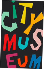 Vertical logo of City Museum with stylized blue and green elements