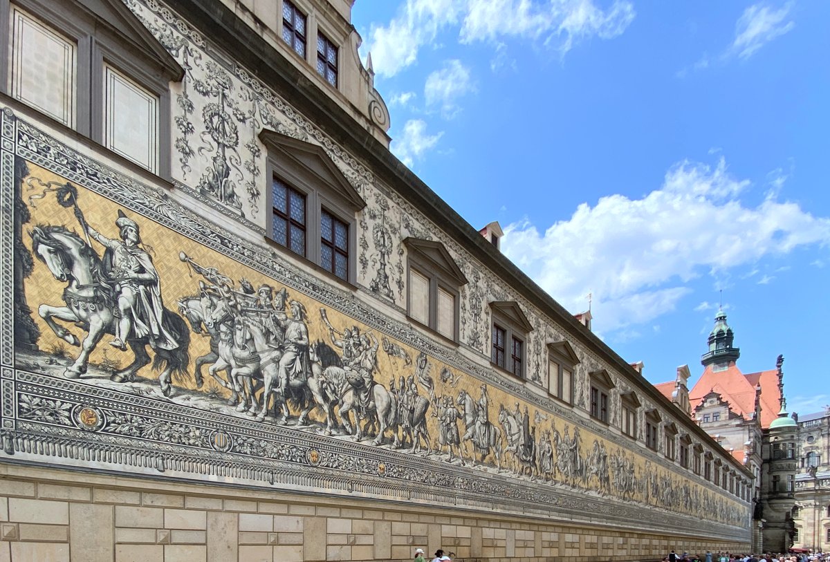 The Fürstenzug mural in Dresden viewed from the east looking west