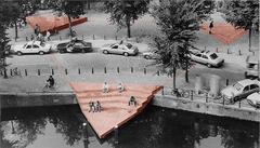 The Homomonument in Amsterdam featuring three large pink triangular blocks, color-manipulated photo