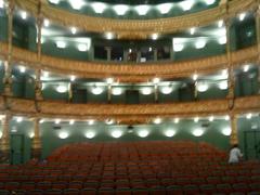 View of the auditorium from the stage at Arteria Campos Elíseos Theater in Bilbao, Spain