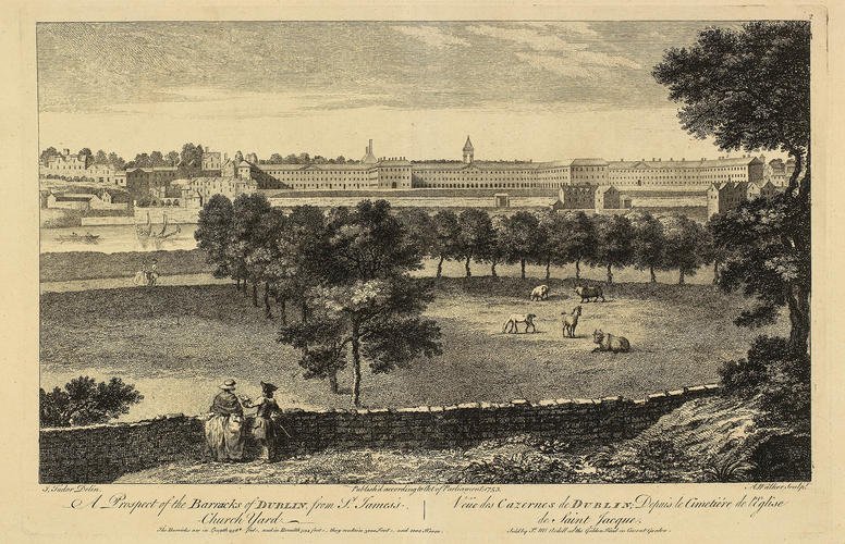 Historic illustration of the Royal Barracks Dublin from 1753