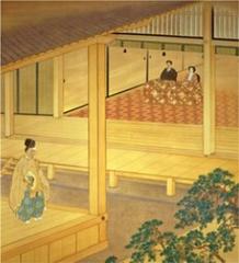 Emperor and Empress Dowager watching a traditional Noh play in Japan