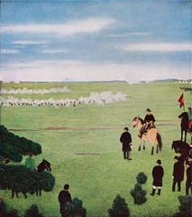 Emperor viewing military manoeuvres in traditional Japanese painting