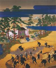 Emperor viewing rice harvest painting by Morimura Gitō