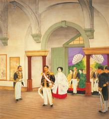 People attending an industrial exhibit at Meiji Memorial Picture Gallery in Tokyo