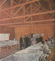 Empress visiting wounded soldiers in a hospital during the Meiji era