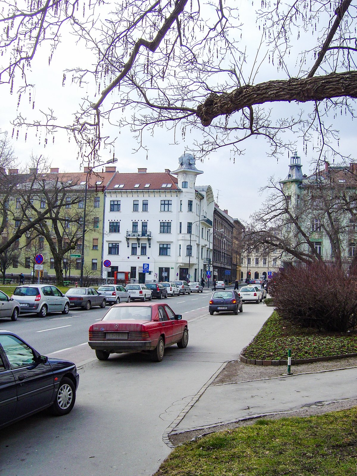 View of Ljubljana downtown with historic buildings and tram tracks in January