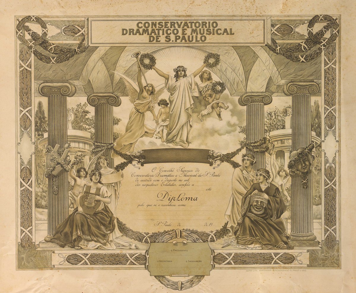 Diploma of the Conservatório Dramático e Musical de São Paulo with green lithograph, measuring 45.1 x 57.6 cm on paper 52.7 x 63.8 cm