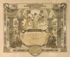 Diploma of the Conservatório Dramático e Musical de São Paulo with green lithograph, measuring 45.1 x 57.6 cm on paper 52.7 x 63.8 cm