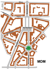 Plan of Warsaw Constitution Square with labeled streets and landmarks