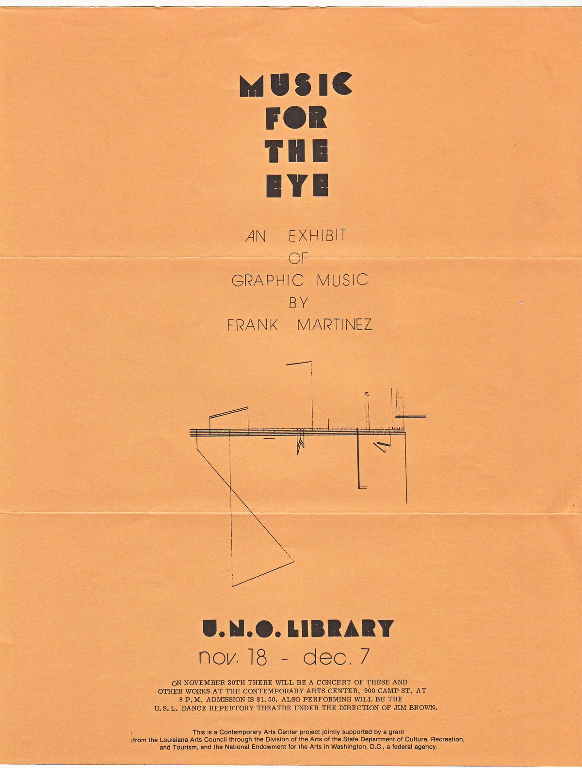 Poster announcing art exhibit titled 'Music for the Eye' featuring vibrant abstract shapes and patterns