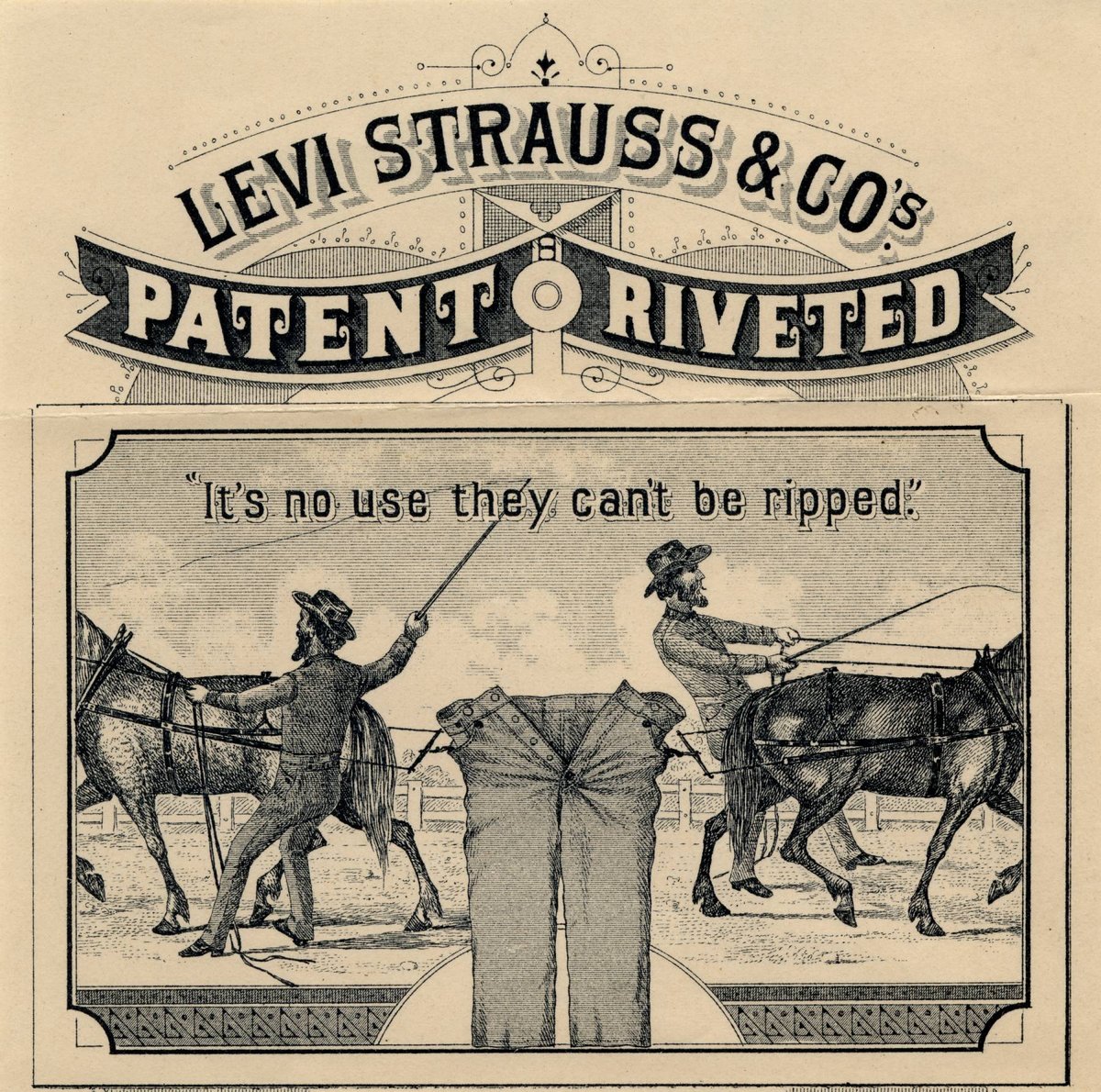 Vintage Levi Strauss advertisement featuring durable jeans with slogan It’s no use they can’t be ripped