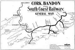 Map showing railway lines of Cork Bandon and South Coast Railway in 1920