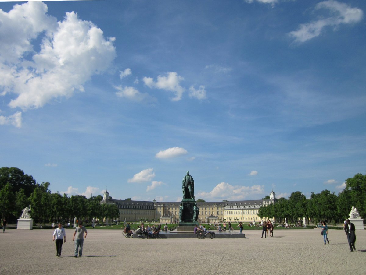 Front view of Schloss Karlsruhe palace with blue sky