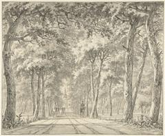 Historic drawing of a tree-lined avenue leading to Schloss Karlsruhe with a prominent tower, created by Johann Goll van Frankenstein in the 18th century
