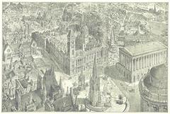 Birds-eye view of central Birmingham in 1886 showing Chamberlain Square, Council House, Town Hall, Christ Church, Birmingham School of Art, New Street station, St Martin in the Bull Ring, St Philip's Cathedral, Saint Chad's Cathedral, Mason Science College, and original public library.