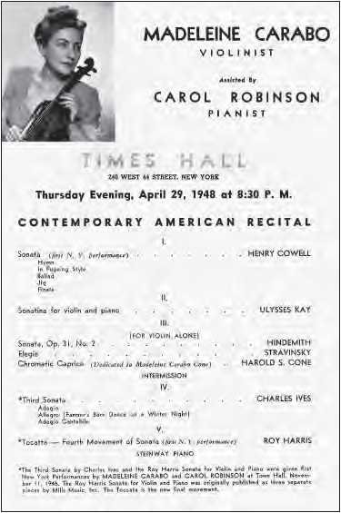 1948 concert program flyer for violinist Madeleine Carabo and pianist Carol Robinson at Times Hall