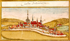 Historical view of Bebenhausen Abbey in Tübingen from Andreas Kieser's forest register books