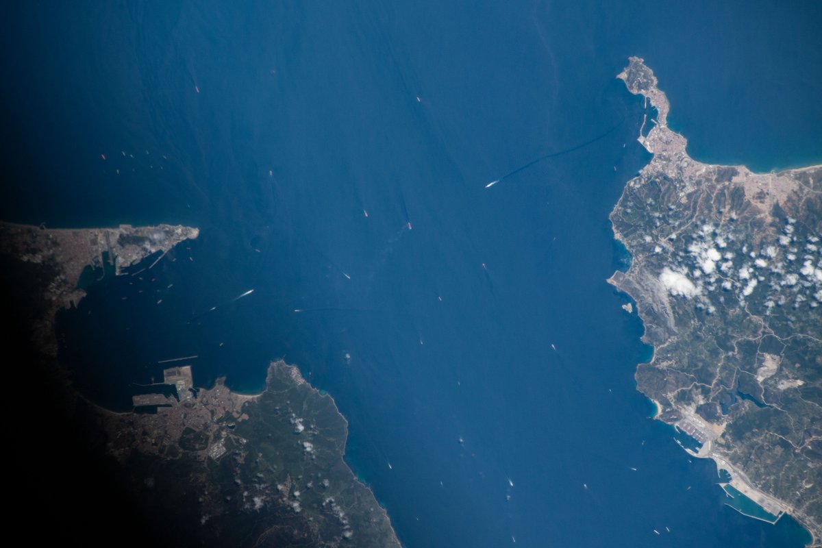 View of Earth from space showing the Strait of Gibraltar, Ceuta, and Port Tanger Med