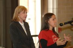 Secretary Gale Norton speaking at University of Denver event with audience including anti-DPLA members