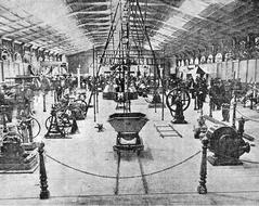 Historic machinery exhibit at the Permanent Industries Exhibition in Lima