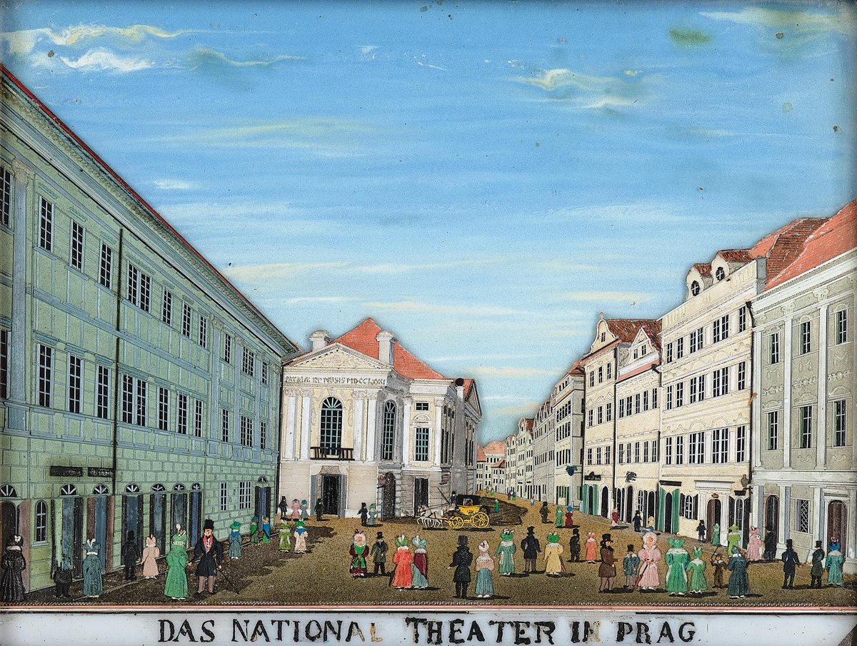 19th century painting and collage of Das National Theater in Prague