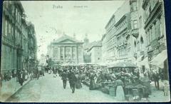 Black and white photograph of Ovocný trh fruit market in Prague, 1907