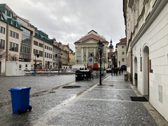 Photograph taken a day after a shooting showing daily life continuing in Prague