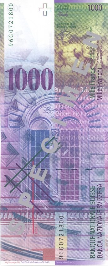 Back of the 1000 Swiss Francs banknote from the 8th series issued in 1996