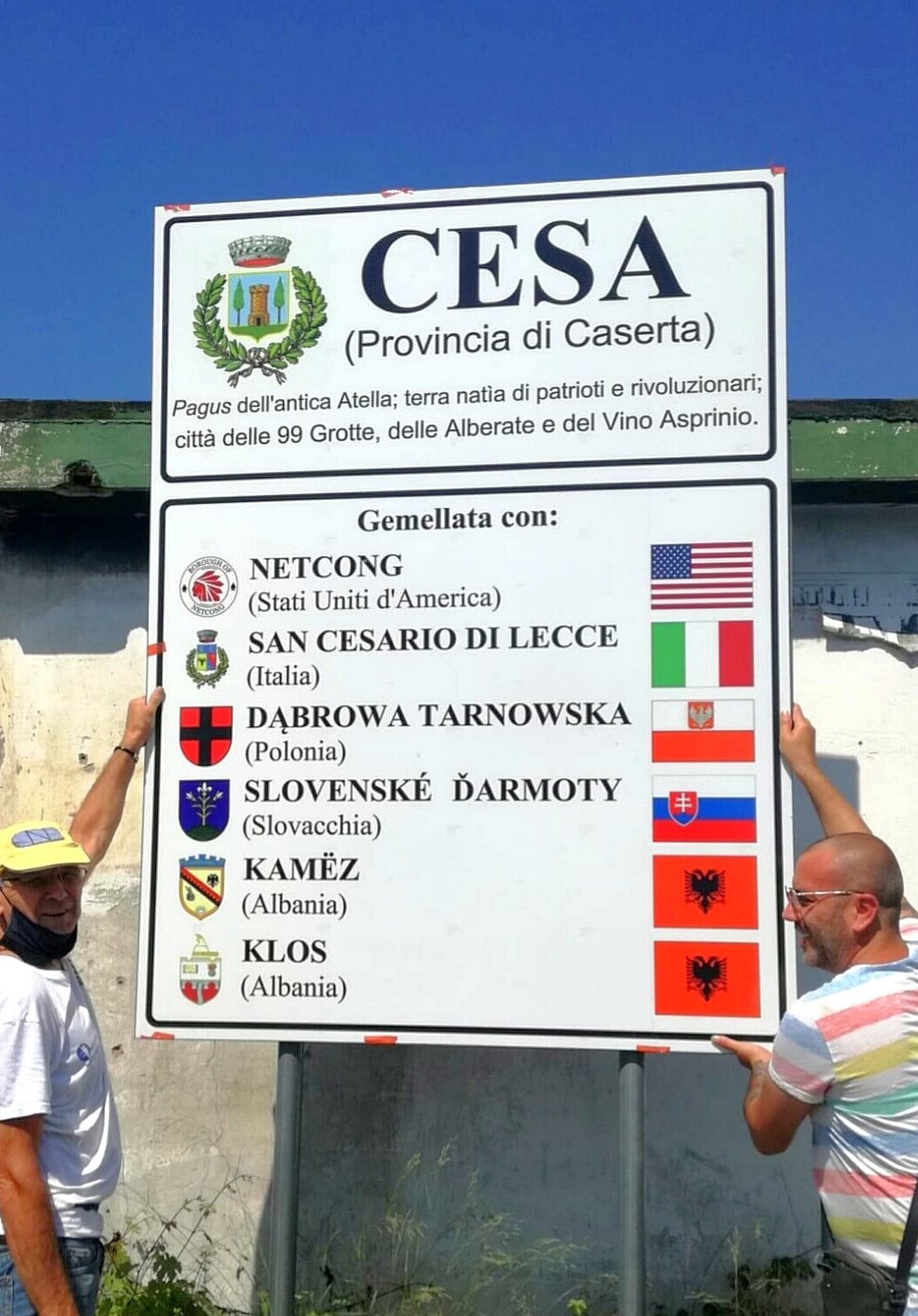 Comune di Cesa twin towns panel with Borough Netcong USA and San Cesario di Lecce honoring Patron Saint San Cesario