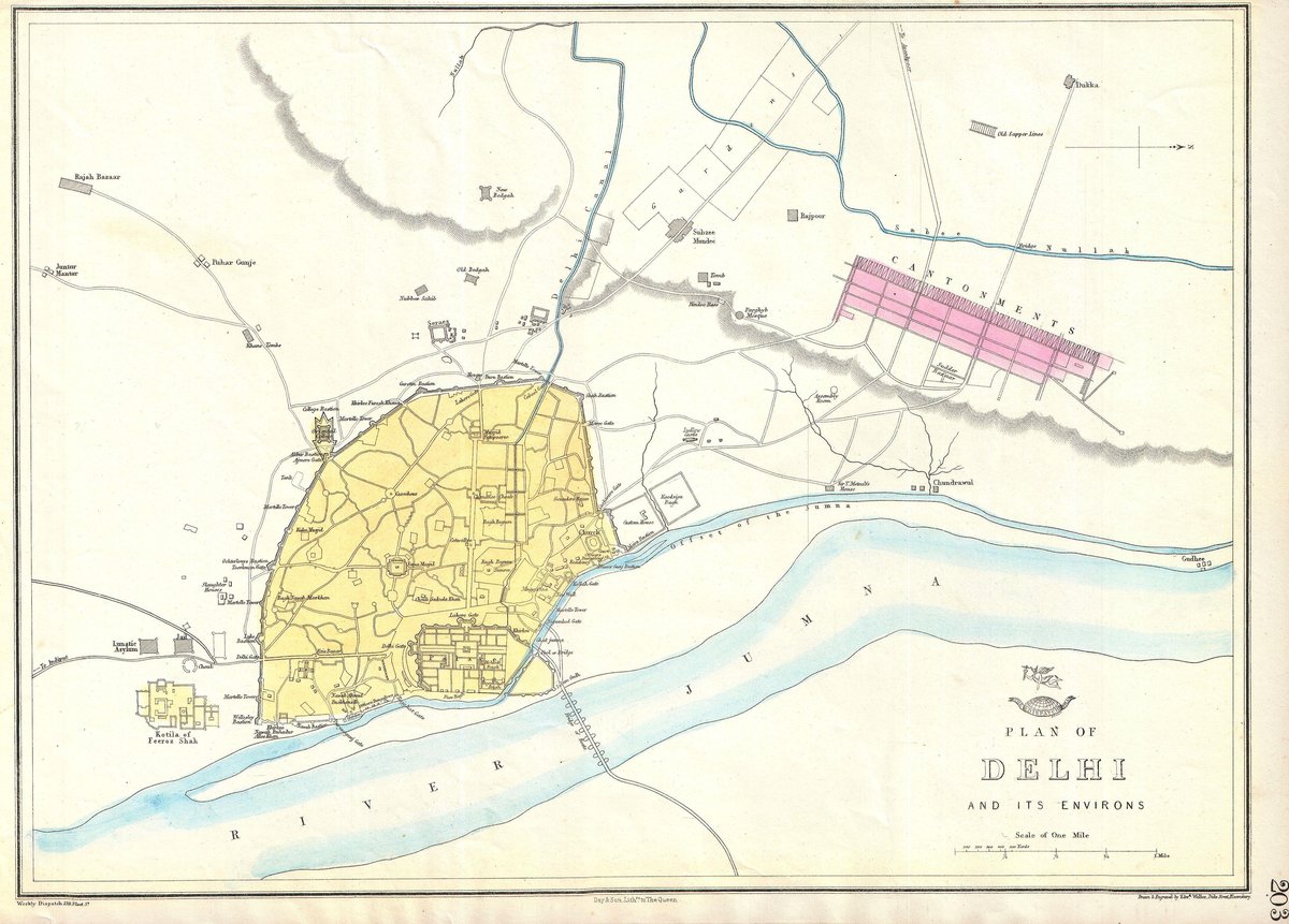 Historical 1863 map of Delhi, India showing Old Delhi, city walls, palaces, gates, bazaars, and pontoon bridge over the Jumna River