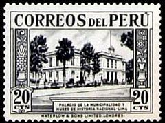 Vintage 1936 Peruvian stamp featuring the Municipal Palace and Museum of Natural History, printed by Waterlow & Sons London