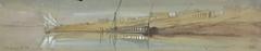 Edward Lear's painting El Luxor depicting an ancient Egyptian scene with a boat on the Nile and Luxor temple in the background